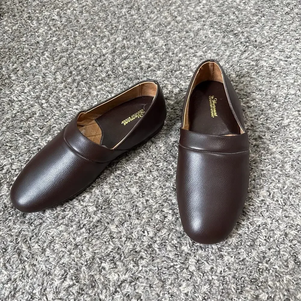 The Vermont Country Store Men's 9 Wide Leather Lounge Slippers Shoes Brown New